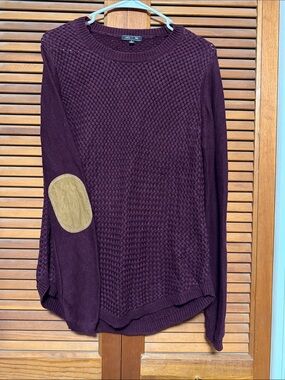 Lety & Me Plum Crewneck Sweater with Tan Elbow Patch